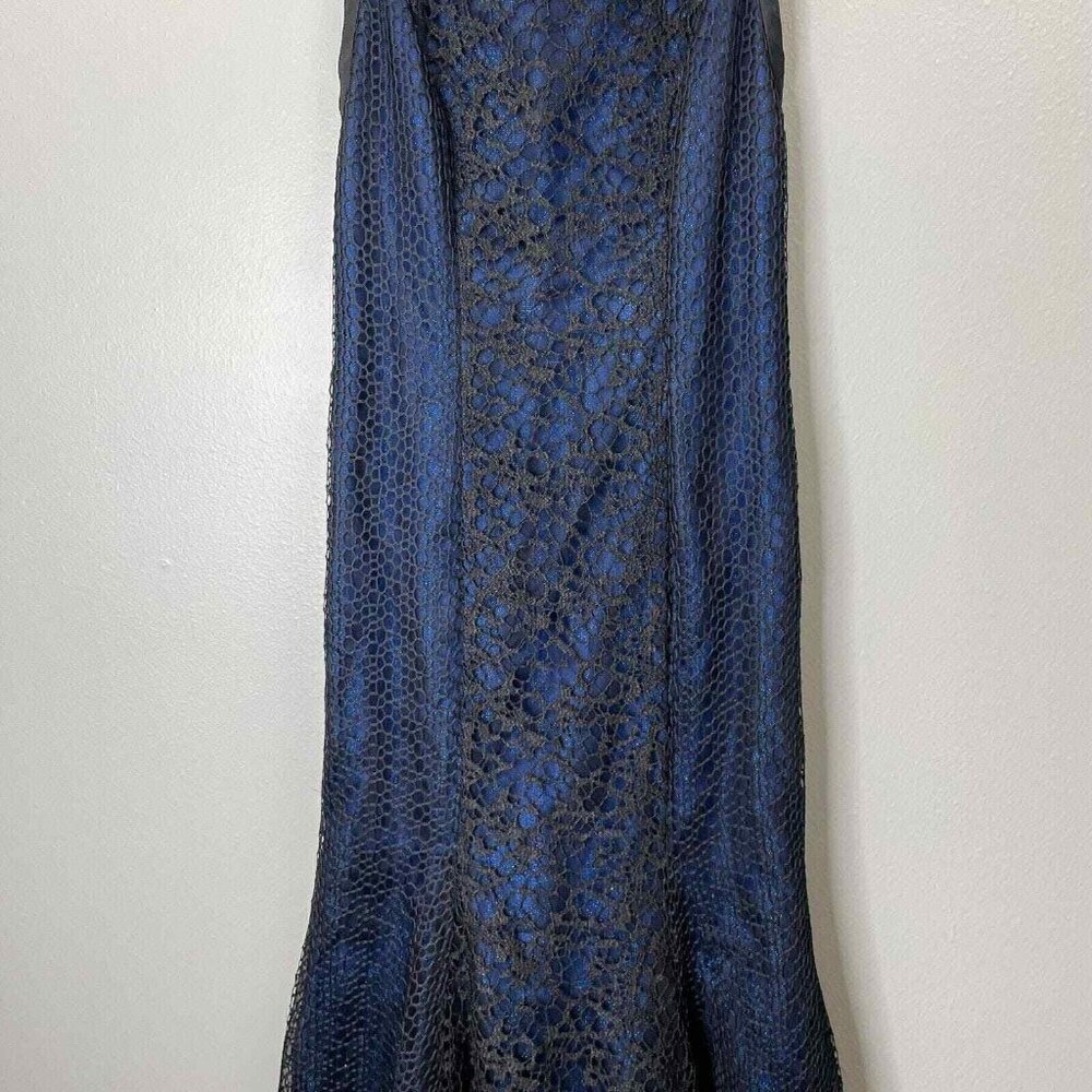 Monique Lhuillier Crochet Lace Dress Womens 6 Blue Black Shimmer Mermaid - Picture 3 of 13